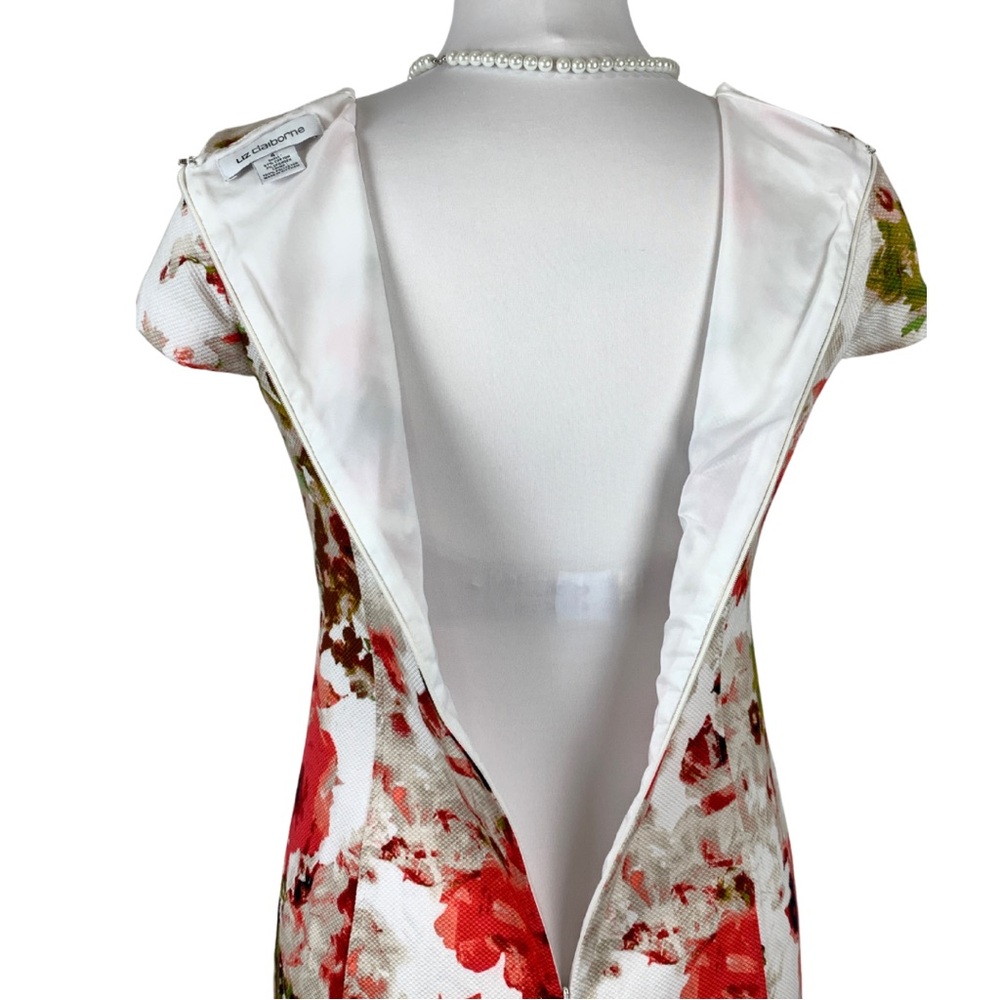 Liz Claiborne White Red Floral Boudreau Neckline Cap Sleeves Sheath Midi Dress 4 - Picture 12 of 15